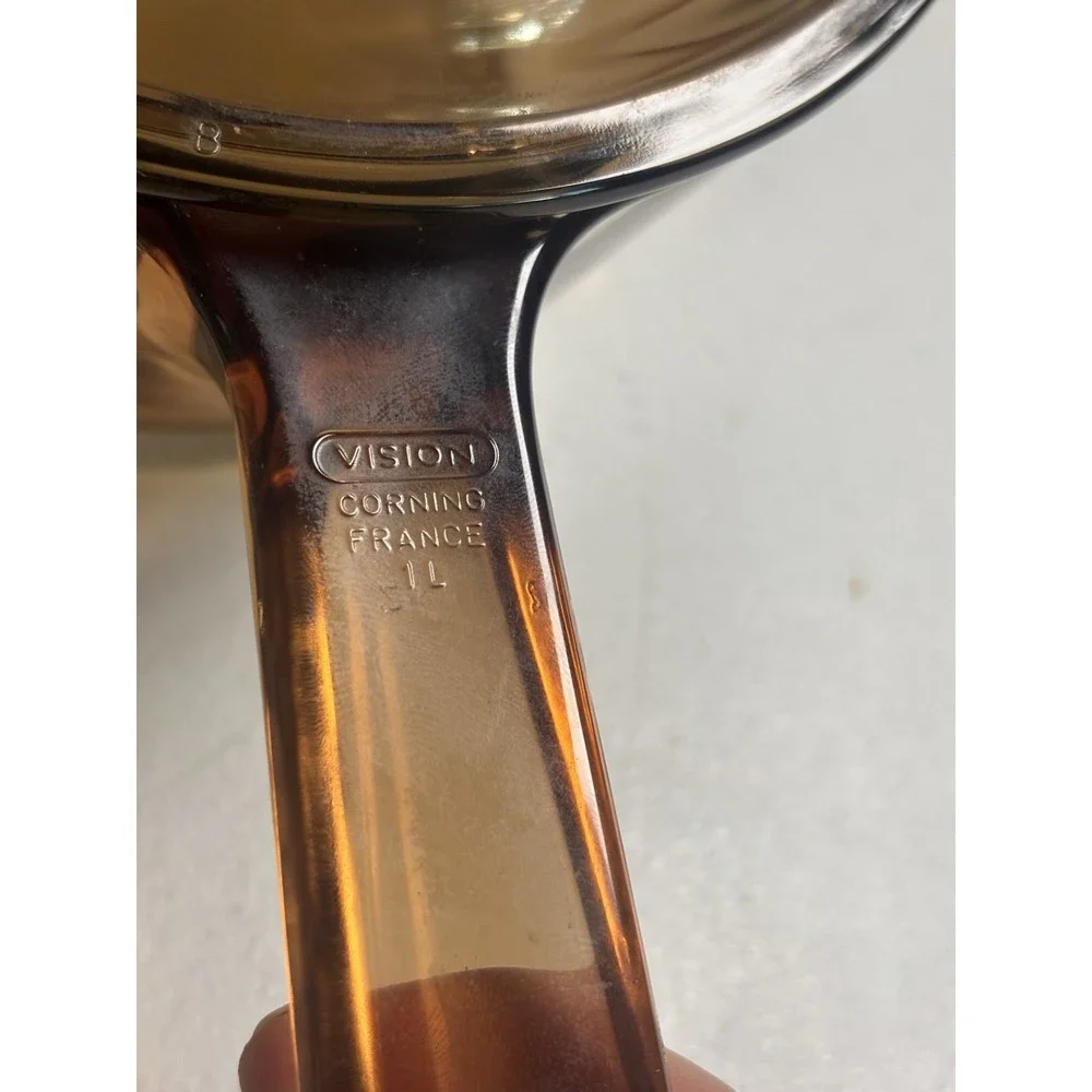 Vintage Corning Vision Ware 1 L Amber Glass Pot Sauce Pan With Lid Made In USA